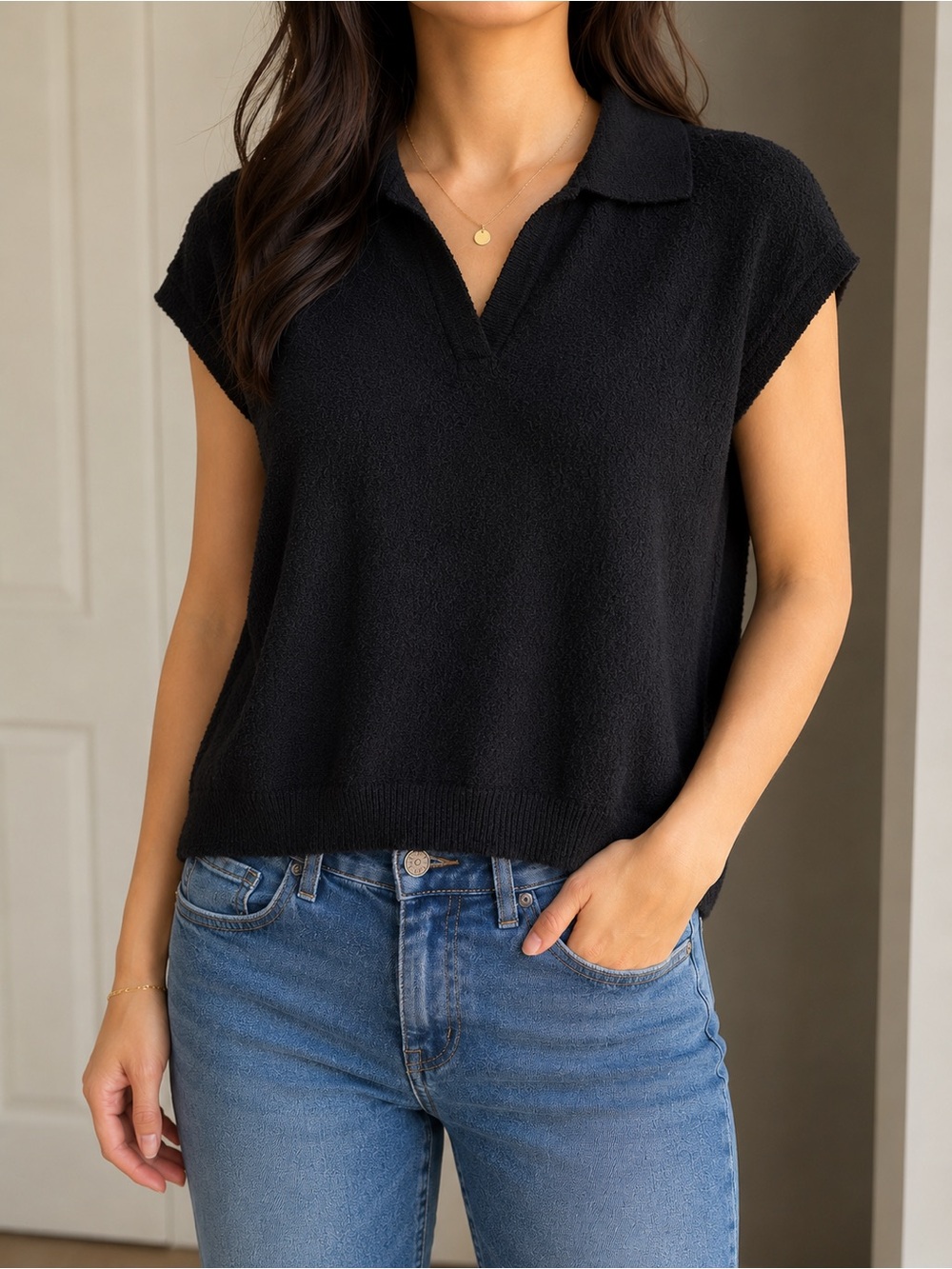Truth by Republic Black Textured Knit Polo Sweater Top Size Small